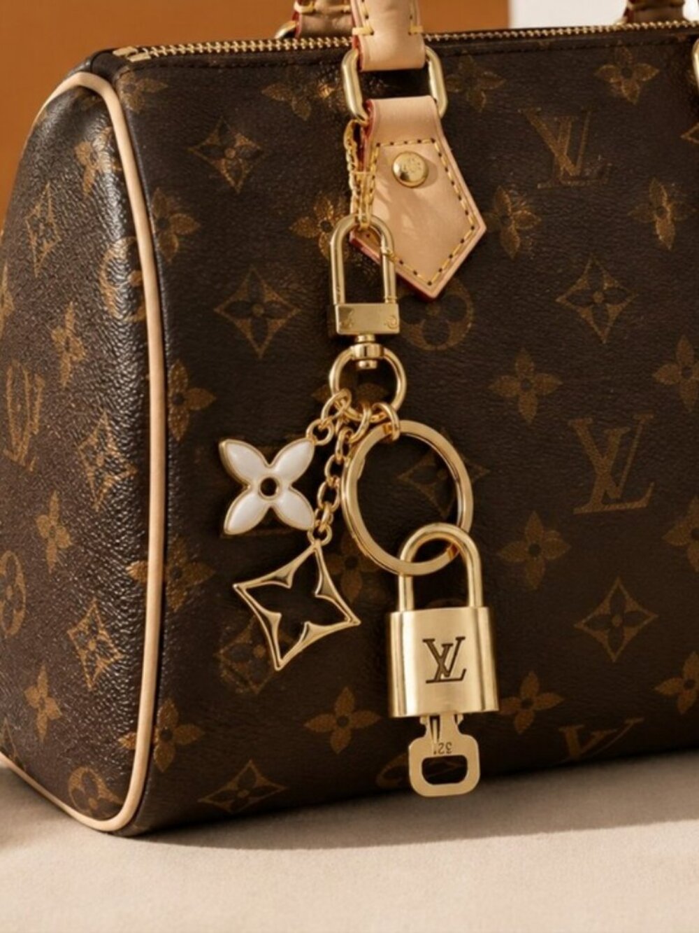 LV Authentic Gold Lock & Key 🔑 Luxury Bag Charm w/ Unbranded Flower Keychain